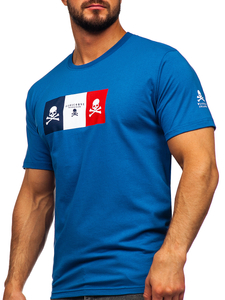 Niebieski bawełniany t-shirt męski z nadrukiem Denley 14784
