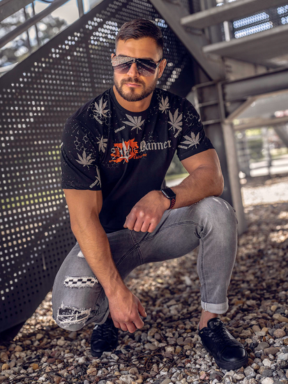 Czarny bawełniany t-shirt męski z nadrukiem Bolf 14744A