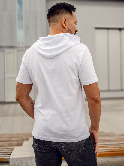 Biały bawełniany t-shirt męski bez nadruku z kapturem Bolf 14513A