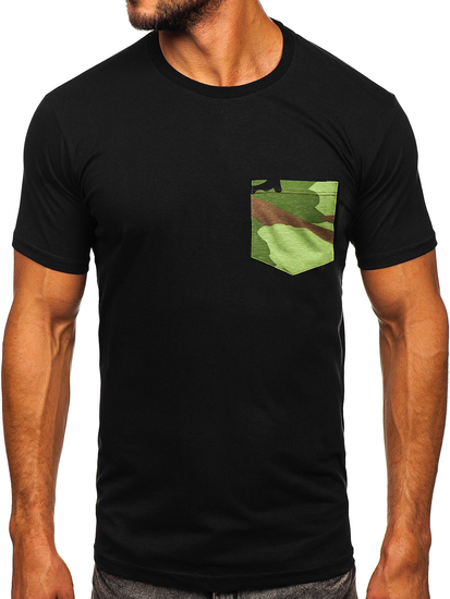 Czarny bawełniany t-shirt męski z kieszonką z nadrukiem moro Bolf 14507 