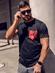 Czarno-czerwony bawełniany t-shirt męski z kieszonką z nadrukiem moro Bolf 14507A