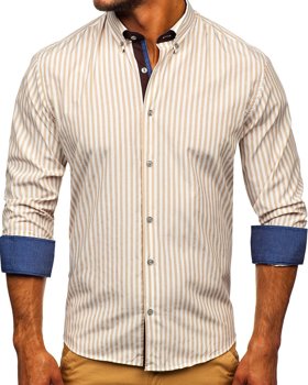 Beżowa koszula męska w paski z długim rękawem Bolf 20704