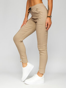 Beżowe materiałowe spodnie joggery damskie Denley W7592