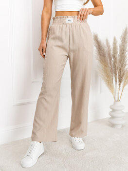 Beżowe materiałowe szerokie spodnie damskie Denley W7961