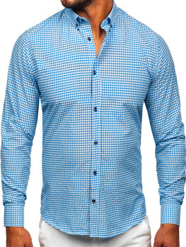 Błękitna koszula męska w kratę z długim rękawem Bolf 22745