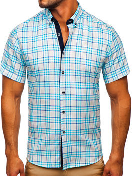Błękitna koszula męska w kratę z krótkim rękawem Bolf 201501