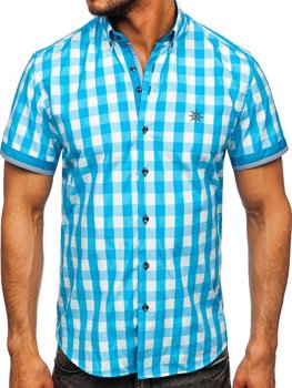 Błękitna koszula męska w kratę z krótkim rękawem Bolf 4508