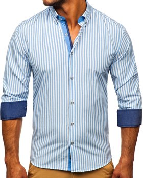 Błękitna koszula męska w paski z długim rękawem Bolf 20704