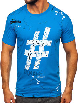 Błękitny bawełniany t-shirt męski z nadrukiem Denley 14728