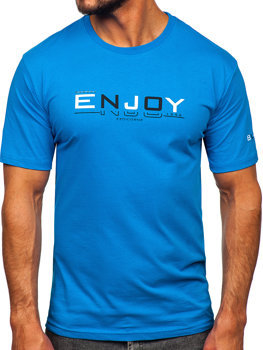 Błękitny bawełniany t-shirt męski z nadrukiem Denley 14739