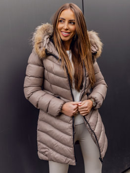 Brązowa długa pikowana kurtka płaszcz damska zimowa z naturalnym futrem Denley M688