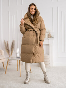 Camelowa długa pikowana kurtka płaszcz damska zimowa Denley 5M737