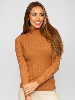 Camelowy prążkowany sweter damski golf Denley 5809