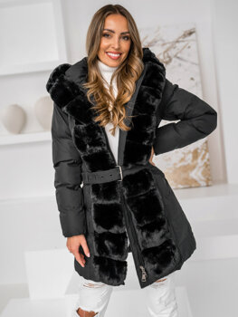 Czarna długa pikowana kurtka płaszcz damska zimowa z kapturem Denley 5M3158
