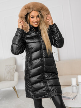 Czarna dwustronna długa pikowana kurtka płaszcz zimowa z kapturem damska Denley B8202B