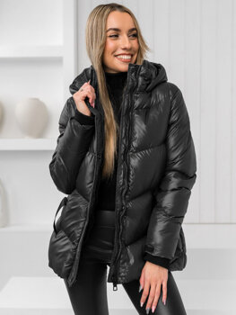 Czarna pikowana kurtka damska zimowa z kapturem Denley 23065