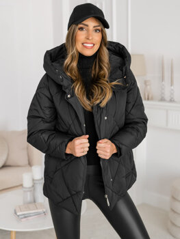 Czarna pikowana kurtka damska zimowa z kapturem Denley 5M3175
