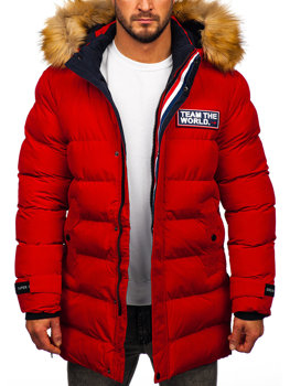 Czerwona długa pikowana kurtka męska zimowa Denley 6477