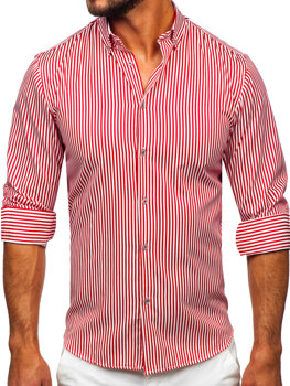 Czerwona koszula męska w paski z długim rękawem Bolf 22731