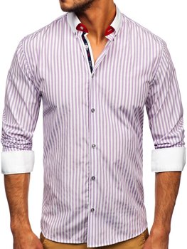 Fioletowa koszula męska w paski z długim rękawem Bolf 20727