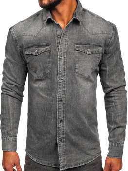Grafitowa koszula męska jeansowa z długim rękawem Denley MC710G