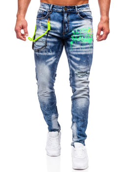 Granatowe spodnie jeansowe męskie slim fit z szelkami Denley E7853