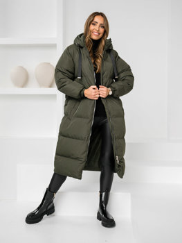 Khaki długa pikowana kurtka płaszcz damska zimowa z kapturem Denley 5M3163