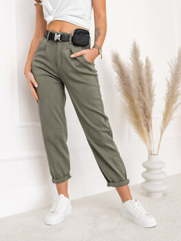 Khaki jeansowe spodnie damskie z wysokim stanem i paskiem z saszetką Denley LA688