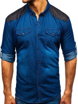 Koszula męska jeansowa we wzory z długim rękawem granatowa Denley 0517
