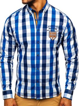 Koszula męska w kratę z długim rękawem niebieska Bolf 1766-1