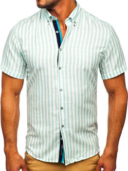 Miętowa koszula męska w paski z krótkim rękawem Bolf 21500