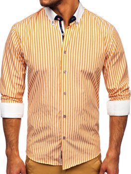 Pomarańczowa koszula męska w paski z długim rękawem Bolf 20727
