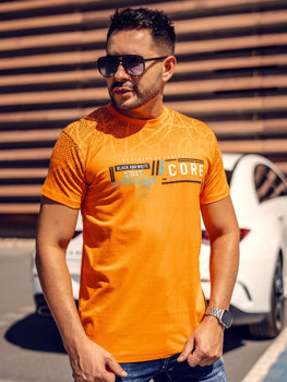 Pomarańczowy bawełniany t-shirt męski z nadrukiem Denley 14710A