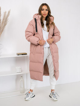 Różowa długa pikowana kurtka płaszcz damska zimowa z kapturem Denley 5M3163