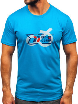 Turkusowy bawełniany t-shirt męski z nadrukiem Denley 14736