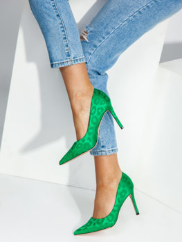Zielone buty damskie szpilki satynowe Denley M557