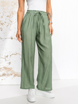 Zielone materiałowe szerokie spodnie damskie Denley W7970
