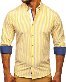 Żółta koszula męska w paski z długim rękawem Bolf 20704