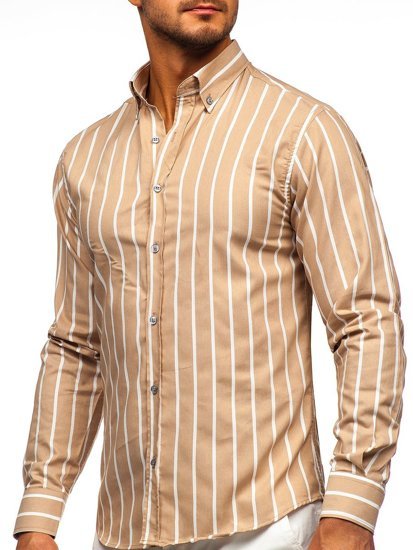 Beżowa koszula męska w paski z długim rękawem Bolf 20730