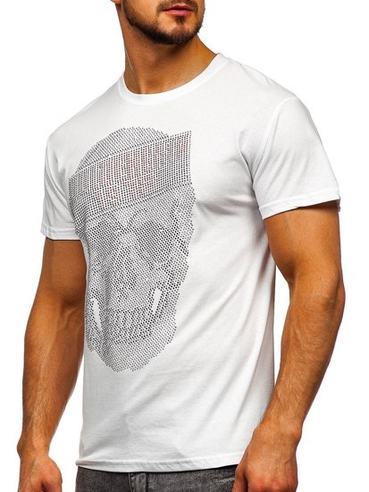 Biały T-shirt męski z aplikacją z cekinów Denley KS2108