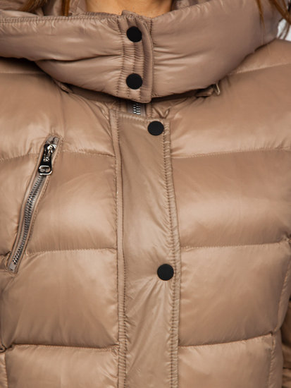 Brązowa długa pikowana kurtka płaszcz damska zimowa z kapturem Denley M689