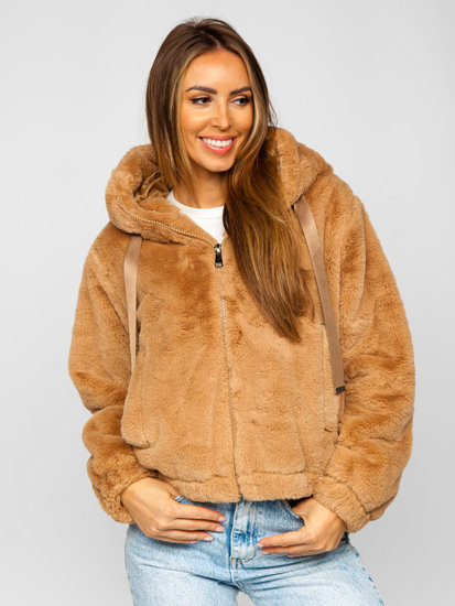 Camelowa kurtka damska zimowa z imitacji kożucha Denley 21230