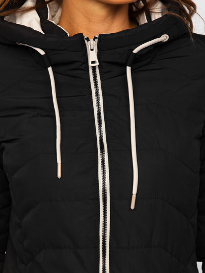 Czarna długa pikowana kurtka damska zimowa z kapturem Denley 7055