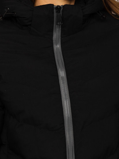 Czarna długa pikowana kurtka płaszcz damska zimowa z kapturem Denley 7089
