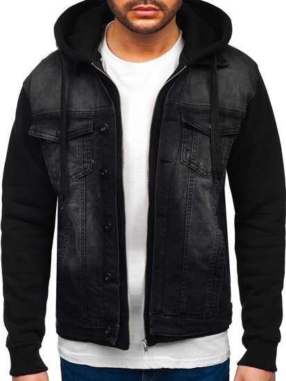 Czarna kurtka jeansowa męska z kapturem Bolf 10350