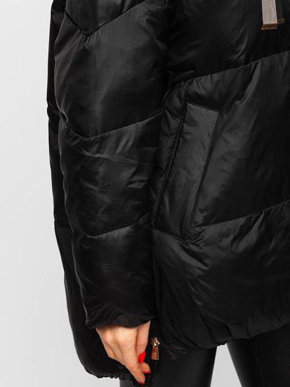 Czarna pikowana kurtka damska zimowa z kapturem Denley P6605