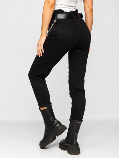 Czarne jeansowe spodnie damskie z wysokim stanem z paskiem Denley LA689