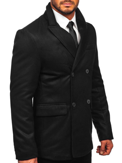 Czarny dwurzędowy krótki płaszcz męski zimowy Denley 79B3