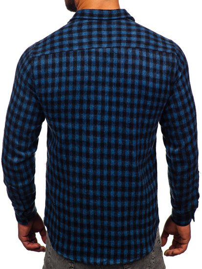 Granatowa koszula męska flanelowa w kratę z długim rękawem Bolf 22701