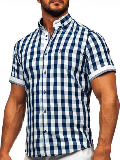 Granatowa koszula męska w kratę z krótkim rękawem Bolf 4508